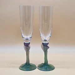 Vtg Rare Exquisite Daum France Signed Champagne Flutes Glasses Green Leaves Stem
