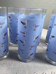 Vintage Ocean Thailand Seagull Highball/Water Bar Glasses Set of 7 EUC Blue