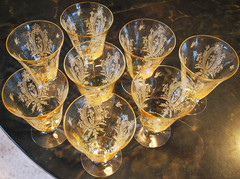 Vtg Set 8 LA FLEURE YELLOW 4.75″ Etched FOOTED TUMBLERS Glass TIFFIN FRANCISCAN
