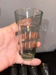 Mid Century Modern Set Of 8 Four Oz Cutting Chai Glasses & Metal Wire Caddy Wood