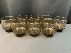 Set of 8 ~ Libbey Brown Prada Embossed Scroll ~ Glass Tumblers ~ 3 1/4″ Tall
