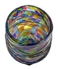 Signed Kyle Gribskov Hand Blown Art Stemless Wine Glass Rainbow Threaded 4.5”