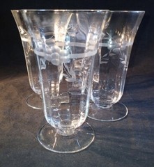 Optic Juice / Cordial GLASSES 4 1/2” Princess House -style FOOTED ETCHED SET/4