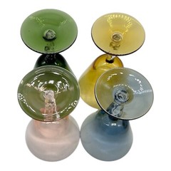1960s MCM Multi Color Glass Goblets Twisted Clear Stem Set Of 4 Hand Blown 5.25”