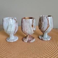 Set of 3 VTG Green Onyx Marble Goblets Set Handcrafted Carved Stone Wine Glasses