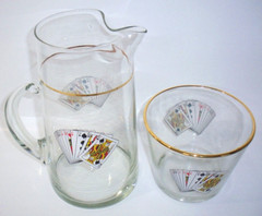 1960s Retro Poker Playing Cards Design Glass 2qt Cocktail Pitcher & Ice Bucket