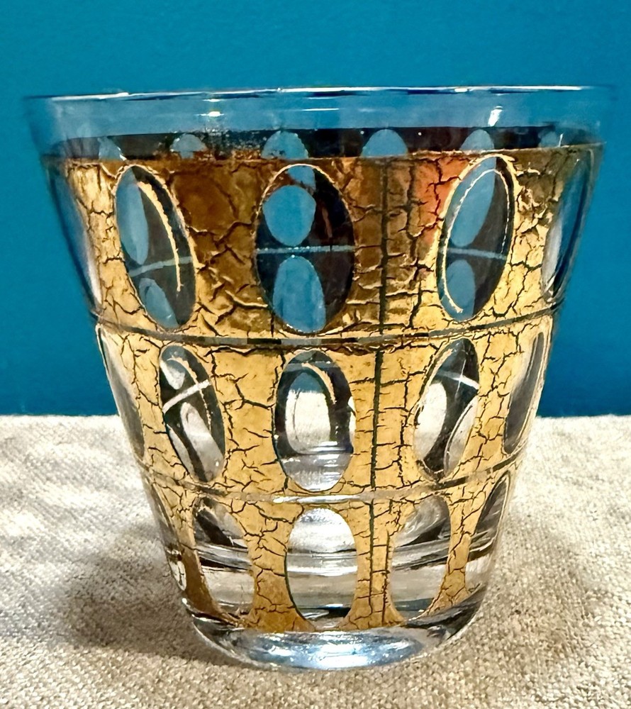 SET/7 CULVER PIZA Green & Gold Old Fashioned GLASSES 3 1/2″ MCM EUC