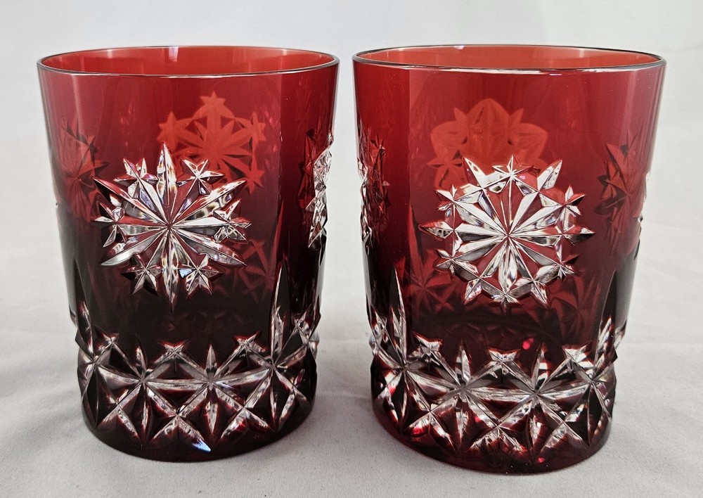 Waterford Crystal Snowflake Wishes for Joy Ruby Red Whiskey Glasses Marked Set 2