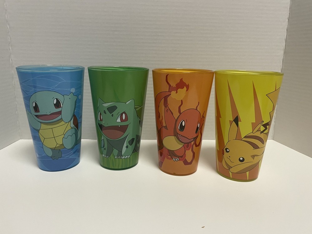 4 Just Funky POKEMON Drink Glasses Bulbasaur, Charmante, Squirtle, Pikachu LOT