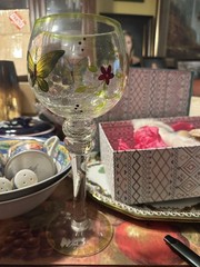 Hand Painted Butterfly Floral Clear Glass Goblet Green Rim 17 oz China