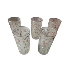 Libbey Mid-Century Frosted Glass Tumblers Lot of 5 – Gold & Enamel Floral Scroll