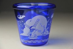 VTG Hazel Atlas Cobalt Blue Windmill Ice Bucket & 3 Flat Tumblers w/ Flags