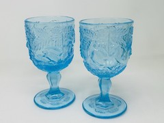 Fenton LG Wright Madonna Inn Wild Rose Goblet Turquoise Blue Glass Set 6 1/2″