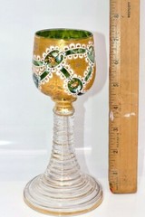 Antique Moser Green Glass Bowl White Lace Gild Roemer/Wine 1850-90 Rare Pattern