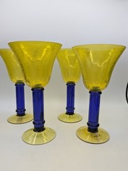 4 Artland Yellow Blue Cobalt Textured Wine Water Goblet Glasses Hand Blown