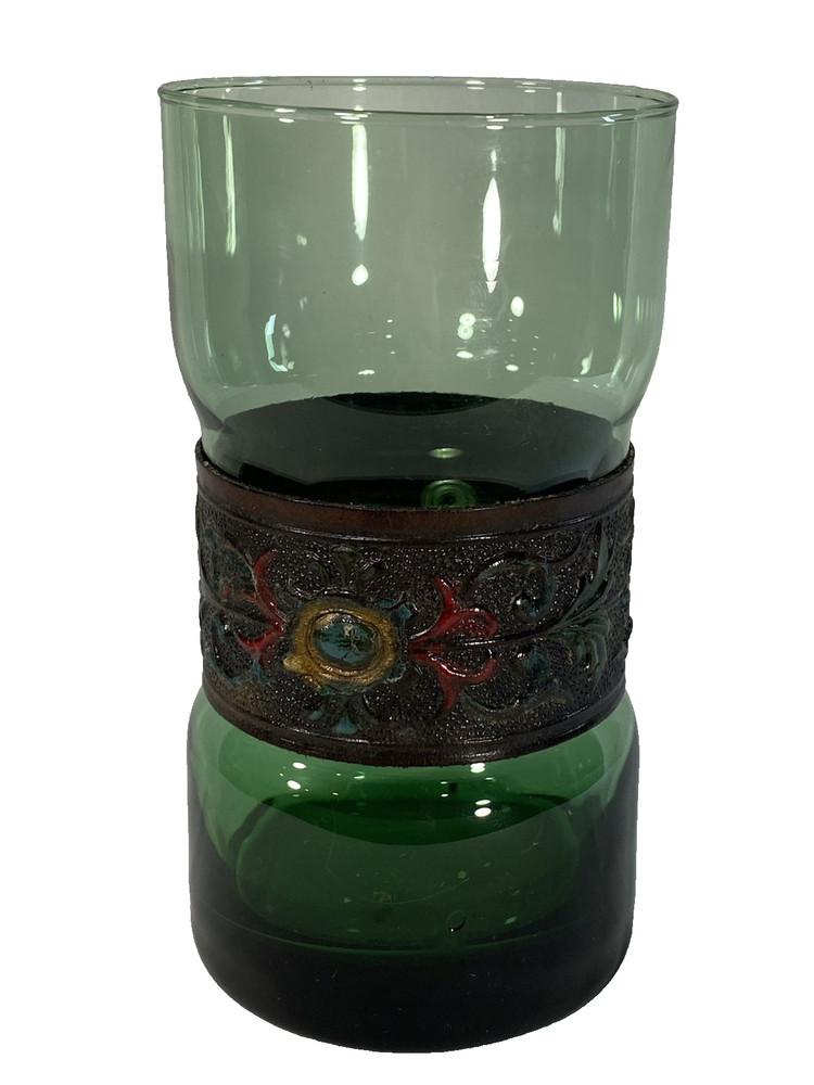 Vintage Emerald Green Glass Tumbler With Tooled Leather Band MCM Brutalist USA