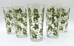 Vintage Set Of 5 Clear With Green Vine Pattern Glass Tumblers With Gold Rims