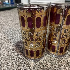 4 Vintage Culver Cranberry Gold Scroll MCM Highball Tumbler Glasses 12 oz Bar 22