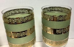 MT1101 Set Of 2 Vintage MCM Culver Starlyte Wine Glasses Gold & Green