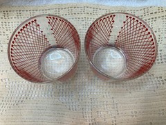 Lot of Two Vintage Red Cross Hatch 3 Inch Rocks Glasses – Good