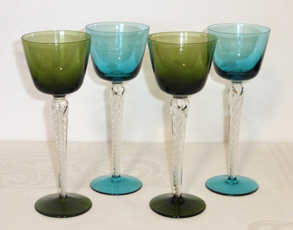 4 Vintage Blenko? Green Blue Air Twist stem Wine Goblets Cocktail Glasses MCM 8″