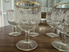 6-VTG Bartlett-Collin’s Etched Glass Thumbprint “Decorations 806” Clear Goblets