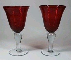Pair of Artland Iris Ruby Red Seeded Bubble Glass Water Goblet with Clear Stem