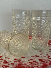 4 Vintage Quilted Diamond Ice Tea Tumblers, Anchor Hocking 6” Jelly Jar Glasses