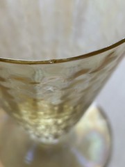 4 Vintage Parfait Glasses Yellow/Gold Iridescent Swirl, footed, some tiny chips