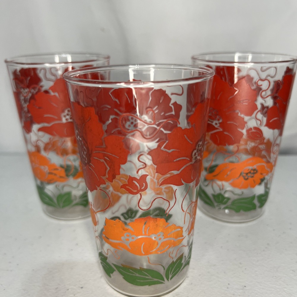 Vintage Red Orange Hibiscus Flower Clear Glass Tumblers 5” Libbey Lot of 3 MCM