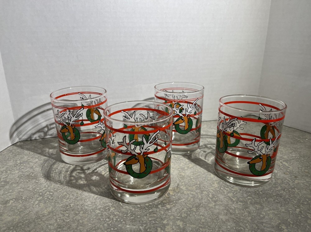 Vintage Libbey Reindeer in Wreath Double Old Fashioned Glasses Set of 4 (190)