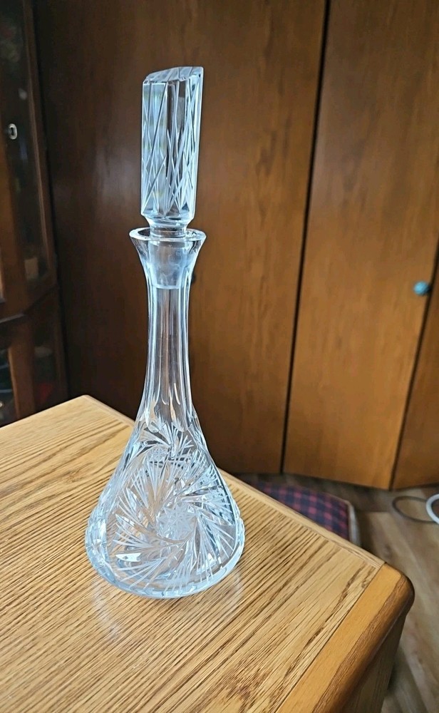 Vintage Bohemia Crystal Decanter or Vase 60s Etched Glass Bottle Stopper 13″