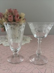 2 Pcs Fostoria Crystal CORSAGE Glass Goblet Etched Tea Goblet & Champagne Coupe