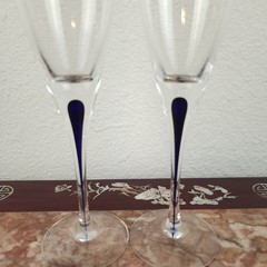 Pair Vintage 1950s Orrefors Sweden Crystal Champagne Flutes Intermezzo Dark Blue