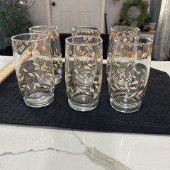 Set Of 6 Vintage Glass 5 Inch Tumblers, Fall Floral Leaf Design