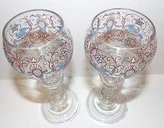 VINTAGE PAIR FRITZ HECKERT ART GLASS FACE BLUE BIRD ENAMEL 7 1/4″ WINE GLASSES