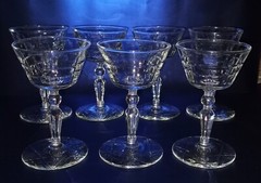 Set of 7, Cut Champagne Glasses w/Tulip-Like Bowl & Knop/Beveled Stem, 4¾» Tall.