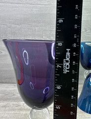 Lot Of 6 Handblown 8” Art Glass Wine Water Stemware 2-Purple 2-Green 2-Blue