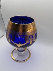 Set Of 2 Vintage Interglass Italy Cobalt Blue & 24K Gold Crystal Cognac Snifters