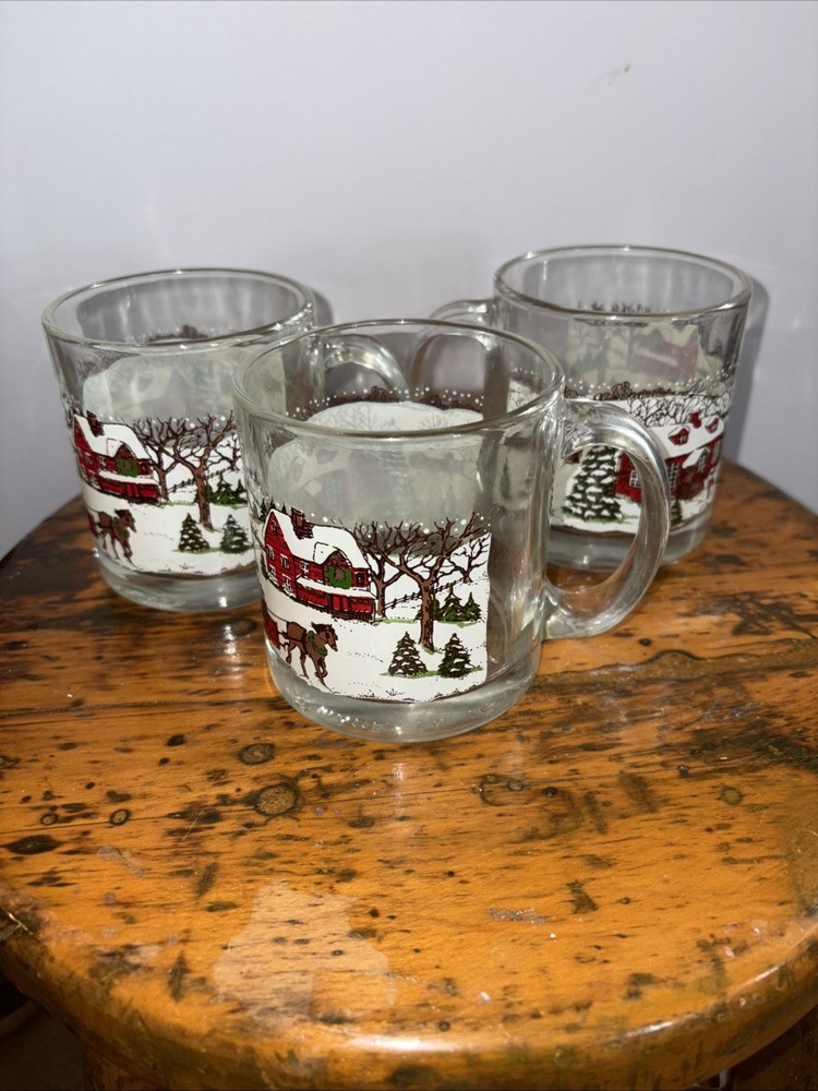 Set of 3 Vintage Libbey Christmas Glass Mugs Winter Snow Scene Horse Sleigh Ride