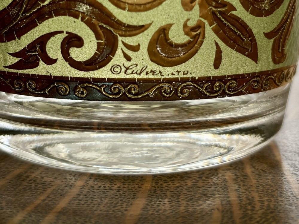 VTG MCM 22k Gold & Green Culver Toledo Ice Bucket & 5 Roll Poly Cocktail Glasses