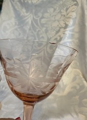 Pink Tiffin Franciscan Glass Panel Optic Etched Champagne Coupe Sherbet Glasses