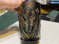 Vintage 4” H St Clair Carnival Glass Tumbler «Feather & Fan» Inverted