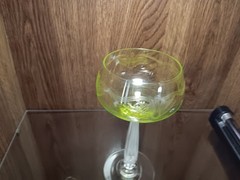 Antique ETCHED Yellow Vaseline Glass Wine Goblet Clear Stem