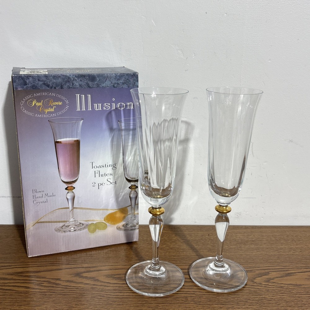 Paul Revere Crystal Optic Illusion Long Flute Glasses Gold Accent 2 Pcs Set 9” H