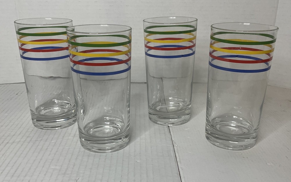 4 Vintage Ring Ding Red Blue Green Yellow Stripe 5 1/2″ Glass Tumblers