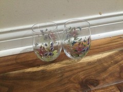 2 Portmeirion Botanic Garden Stemless Wine Glass 5″ Flowers dragonfly Lathyrus