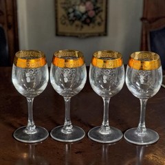 Vintage Cellini Crystal Wine Glasses 24K Gold Rim Hand Decorated Italy Set of 4