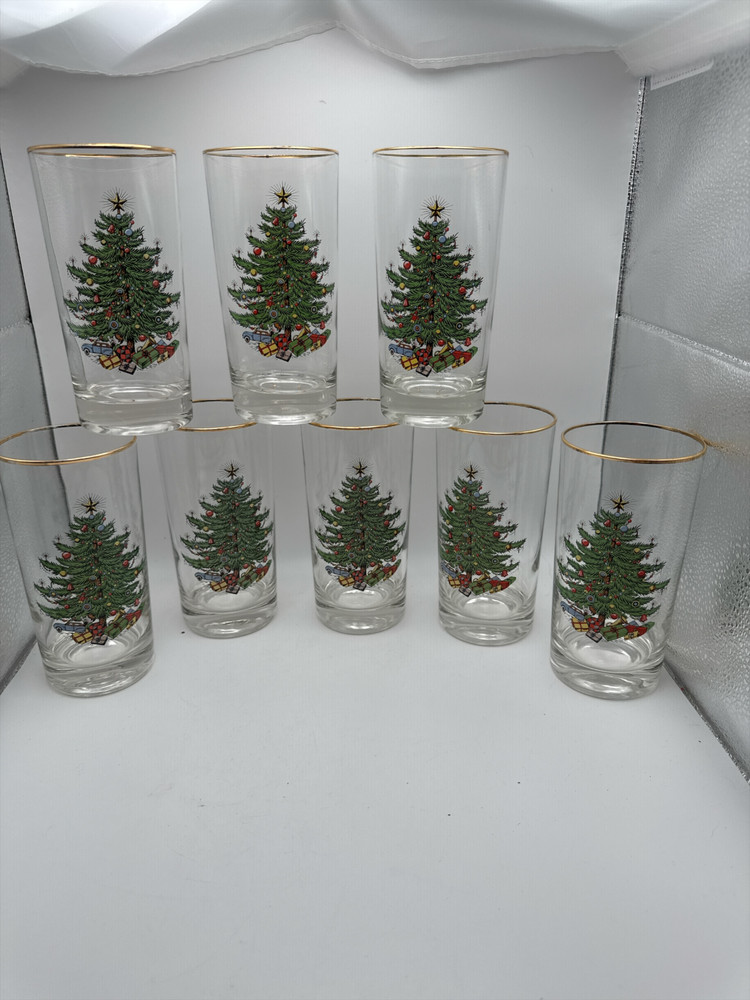 Spode Christmas Tree – Tumbler Drinking Glasses Set of 8 Vintage 5 1/2″ Tall EUC