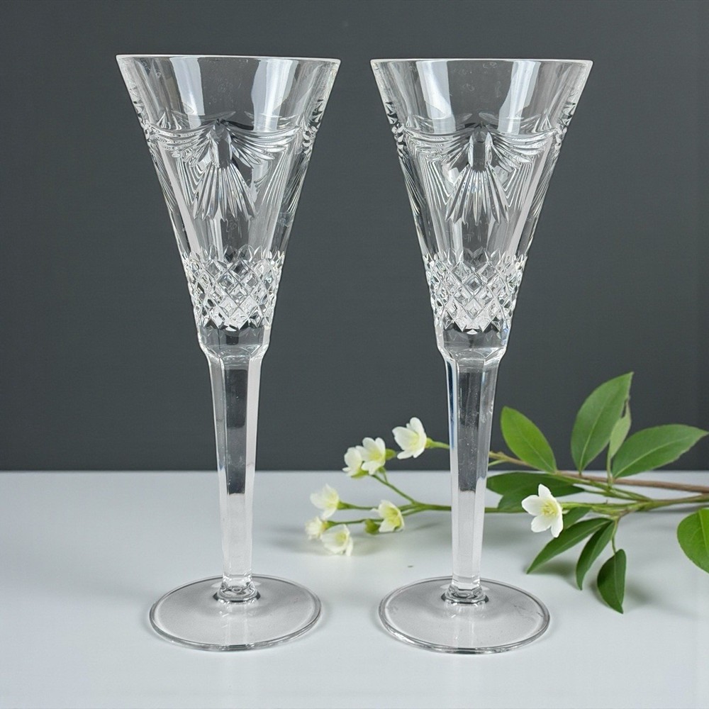 Waterford Crystal Millennium Peace Champagne Flutes Pair 9.5” Doves Olive Branch